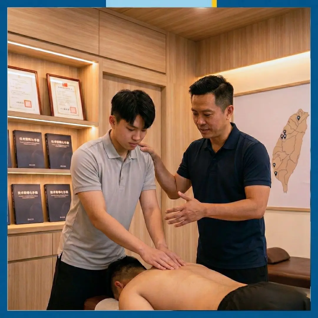 師徒制薪酬實務示意圖,資深技師指導學徒進行整復推拿操作,透過制度設計建立技術傳承與績效連動機制