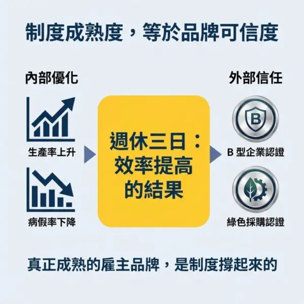 職安與雇主品牌：制度成熟度轉化為 B 型企業認證與週休三日成果圖。